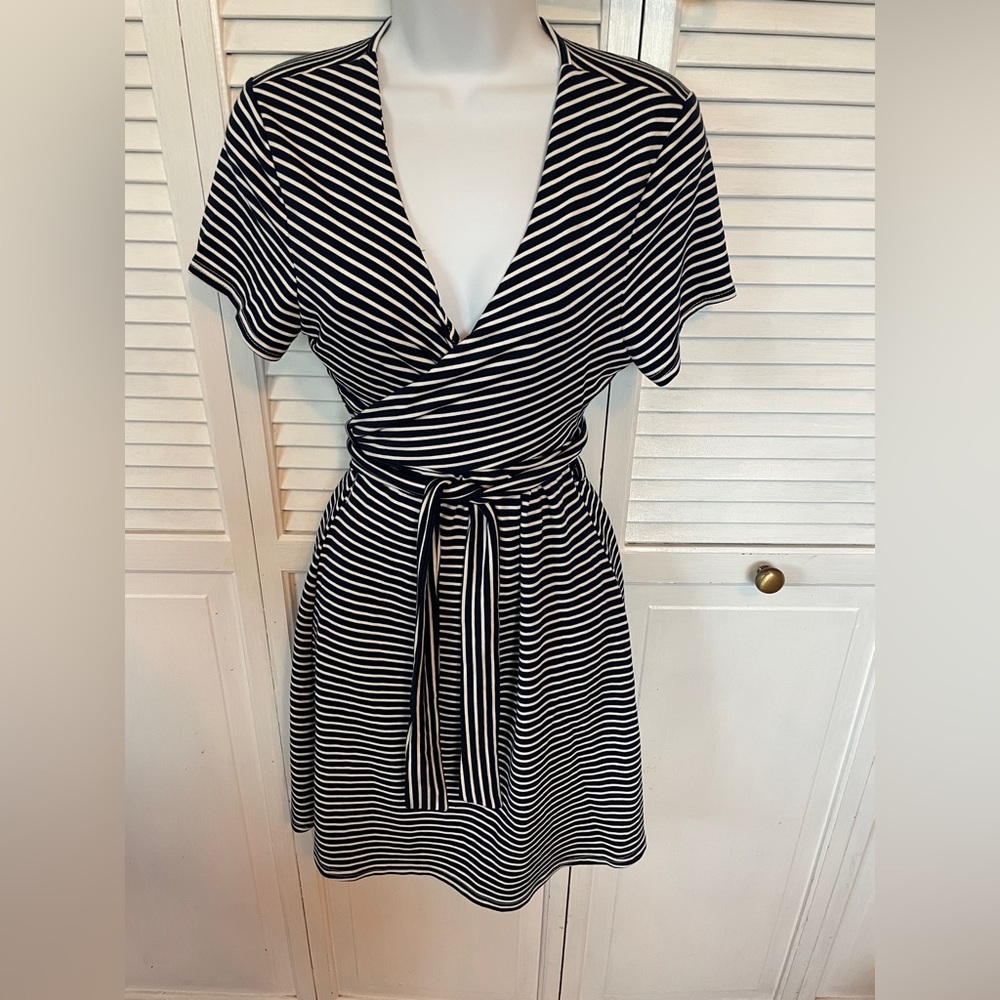 She + Sky Navy & White Striped Faux Wrap Dress Size Medium